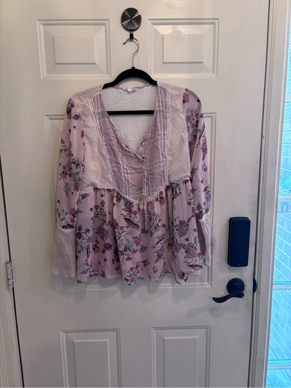 Mystree Dusty Rose Floral Lace-Trim Peasant Blouse Bohemian Aesthetic - Picture 2 of 5